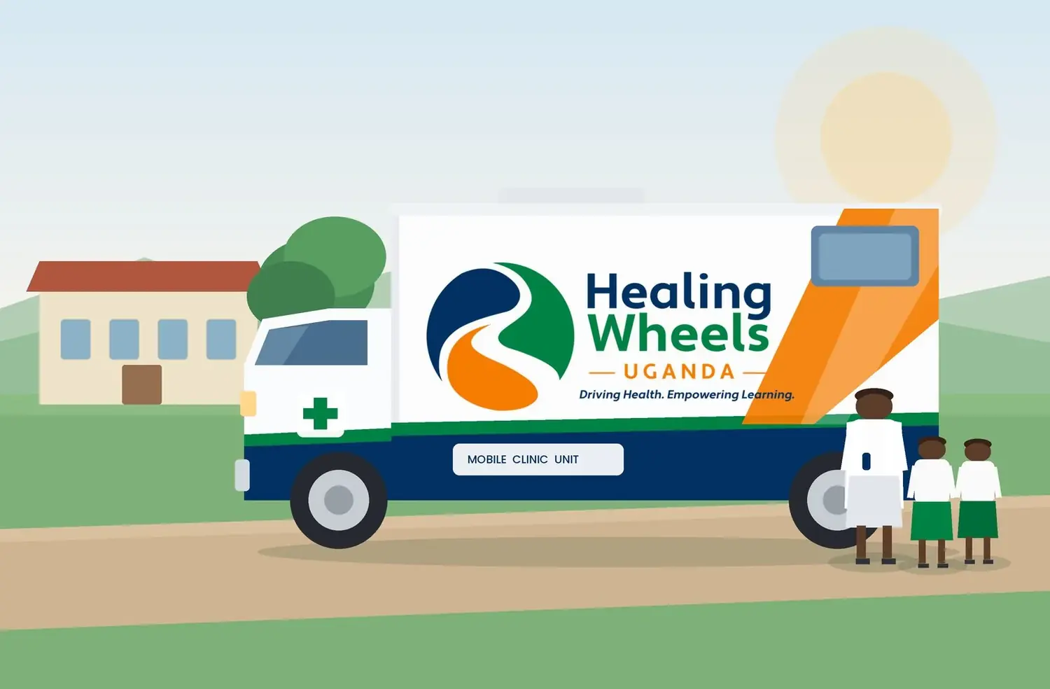 Illustration of the Healing Wheels Uganda mobile clinic unit at a school